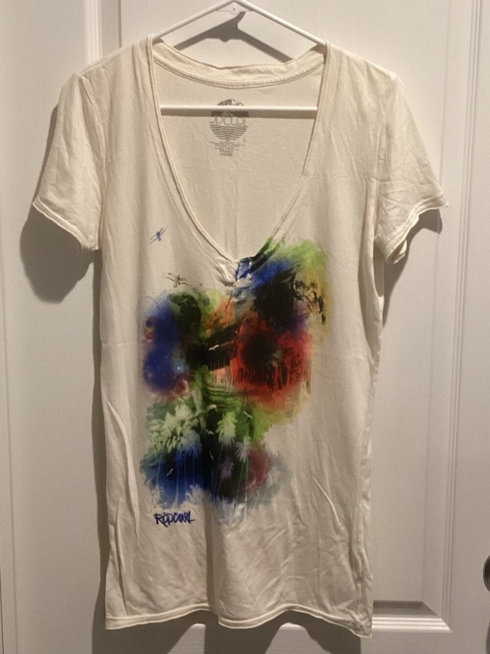 Women's Rip Curl Off-White V-Neck SS T-Shirt - Size Large